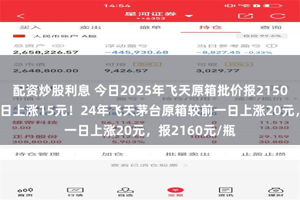 配资炒股利息 今日2025年飞天原箱批价报2150元/瓶，较前一日上涨15元！24年飞天茅台原箱较前一日上涨20元，报2160元/瓶